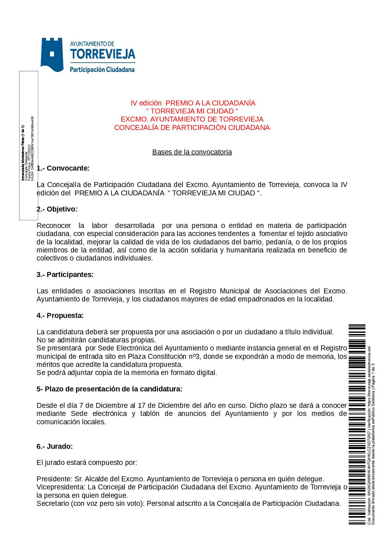 IV edición PREMIO A LA CIUDADANIA "TORREVIEJA MI CIUDAD"