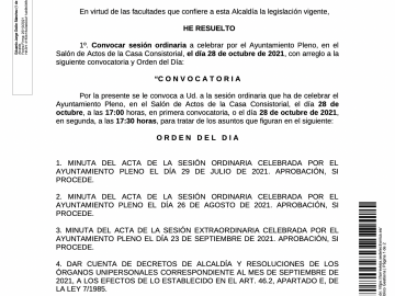 Convocatoria de pleno octubre 2021